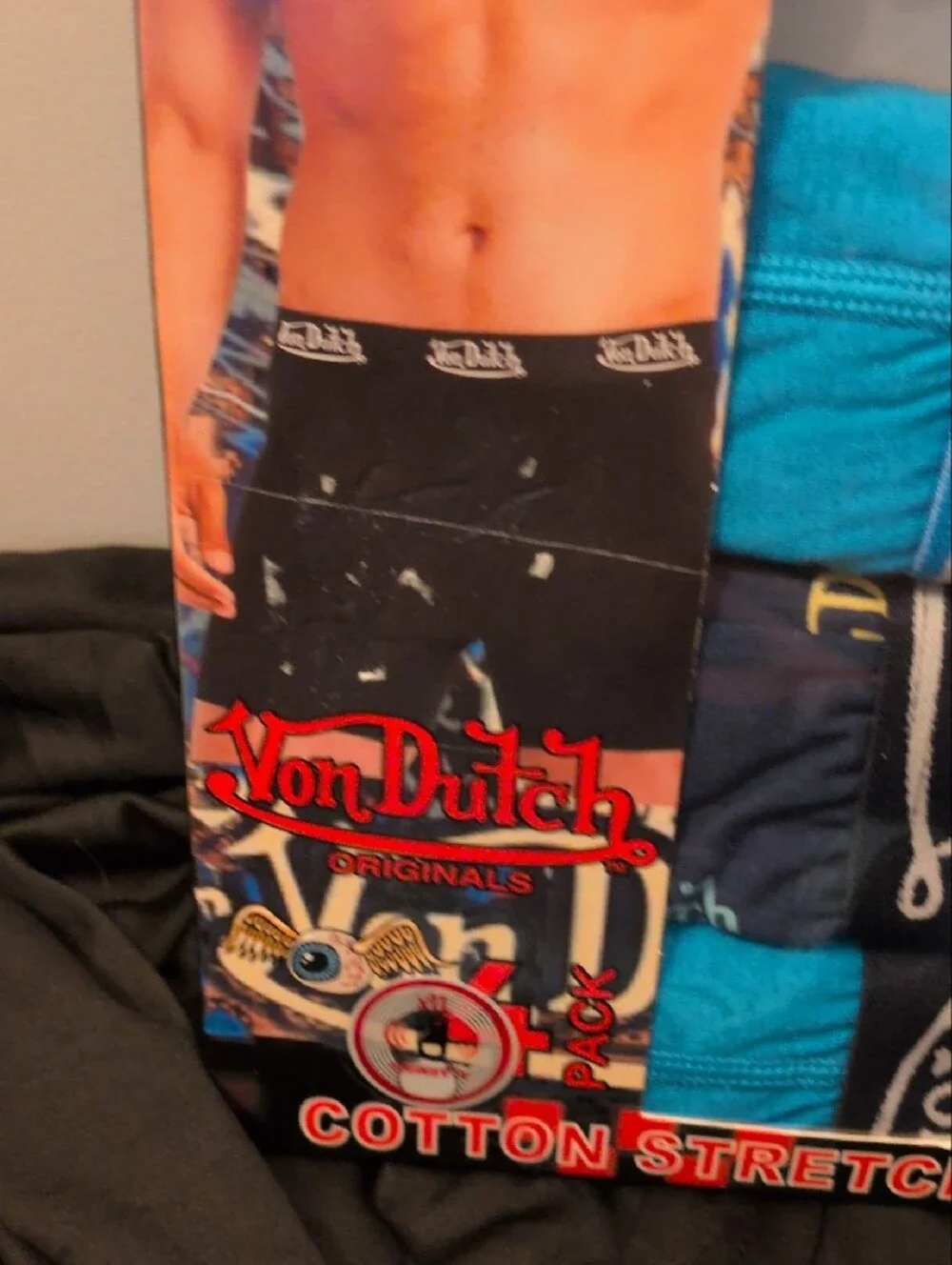 Von Dutch Navy Boxer Briefs with Teal Waistband and Multicolor Print